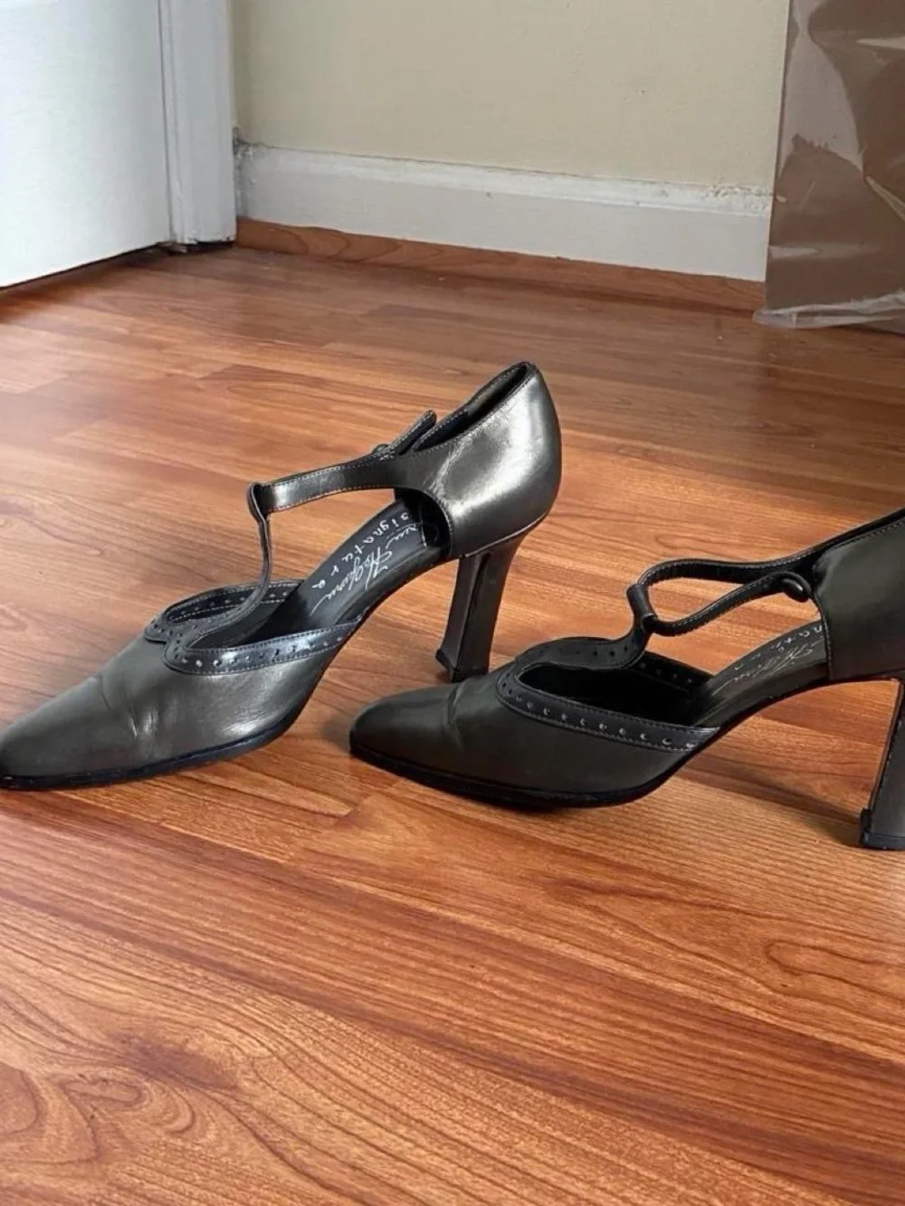 Vintage grey Leather T-Strap Heels